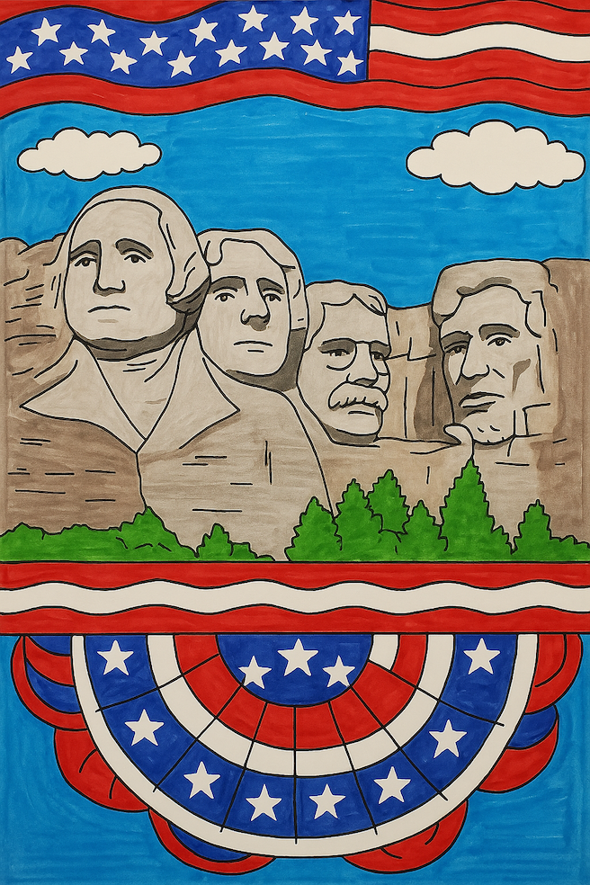 Hand-drawn Mount Rushmore with patriotic banners